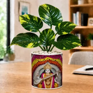 Artificial Tree Ceramic Photo Pot With White Stones 3x4 Inch (F165239)