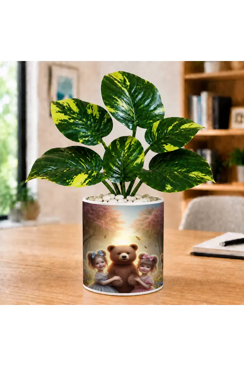 Artificial Tree Ceramic Photo Pot With White Stones 3x4 Inch (F165249)
