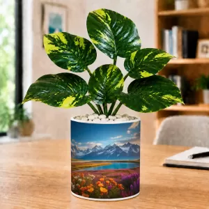 Artificial Tree Ceramic Photo Pot With White Stones 3x4 Inch (F165251)