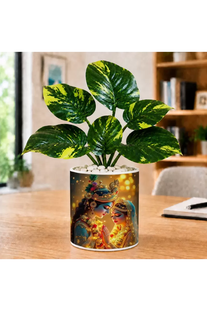 Artificial Tree Ceramic Photo Pot With White Stones 3x4 Inch (F165267)