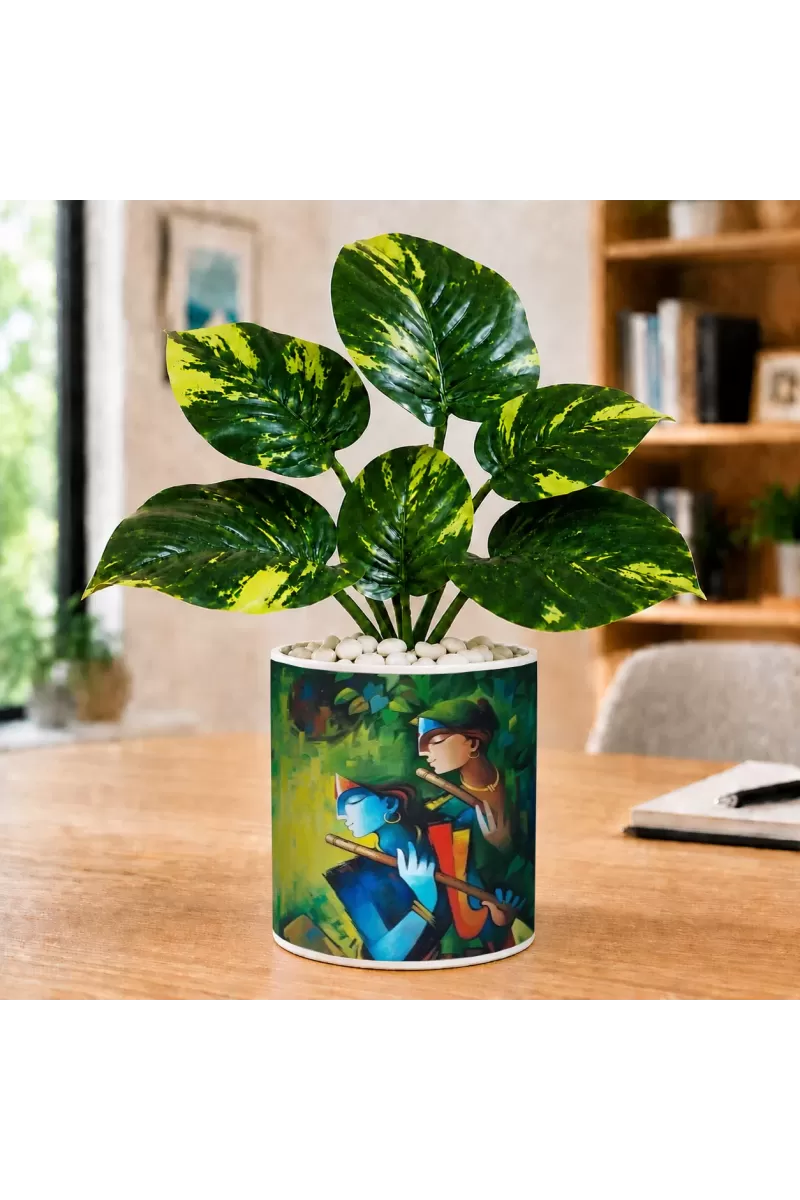 Artificial Tree Ceramic Photo Pot With White Stones 3x4 Inch (F165276)