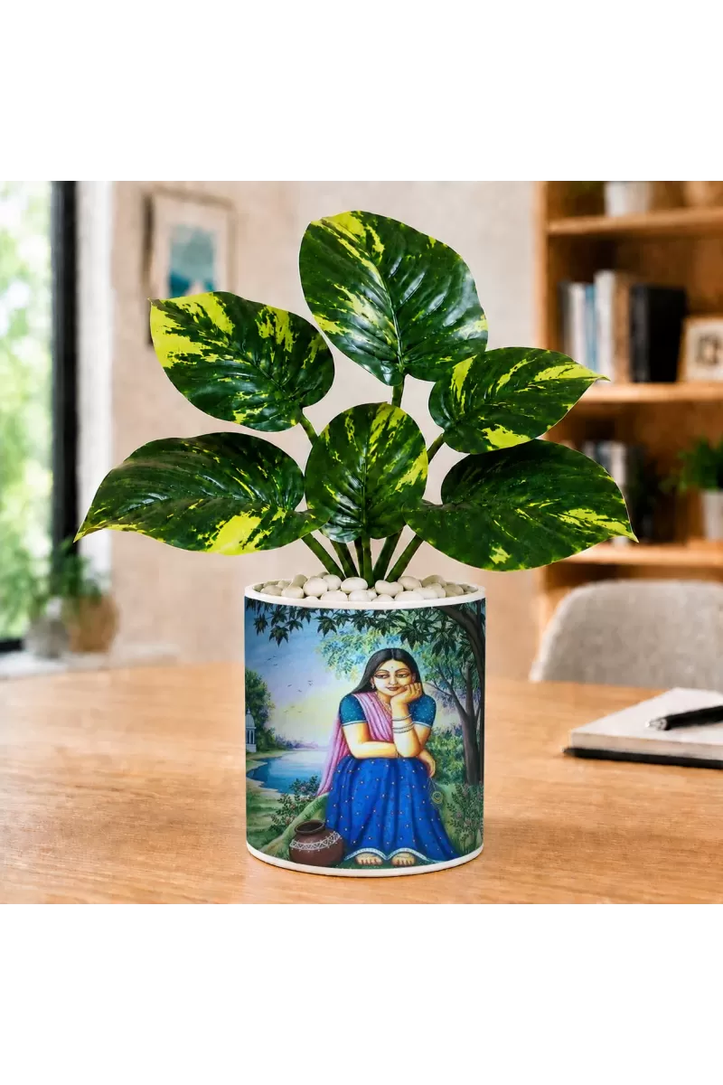 Artificial Tree Ceramic Photo Pot With White Stones 3x4 Inch (F165283)