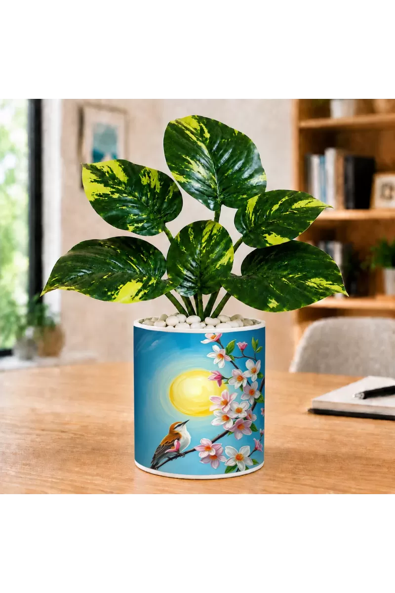 Artificial Tree Ceramic Photo Pot With White Stones 3x4 Inch (F165289)