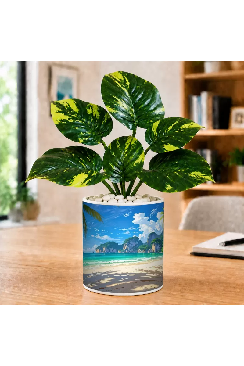 Artificial Tree Ceramic Photo Pot With White Stones 3x4 Inch (F165298)