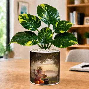 Artificial Tree Ceramic Photo Pot With White Stones 3x4 Inch (F165304)