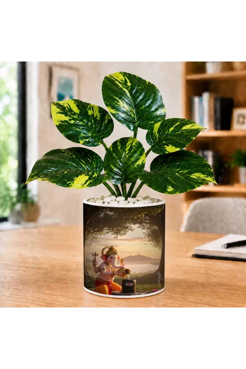 Artificial Tree Ceramic Photo Pot With White Stones 3x4 Inch (F165304)