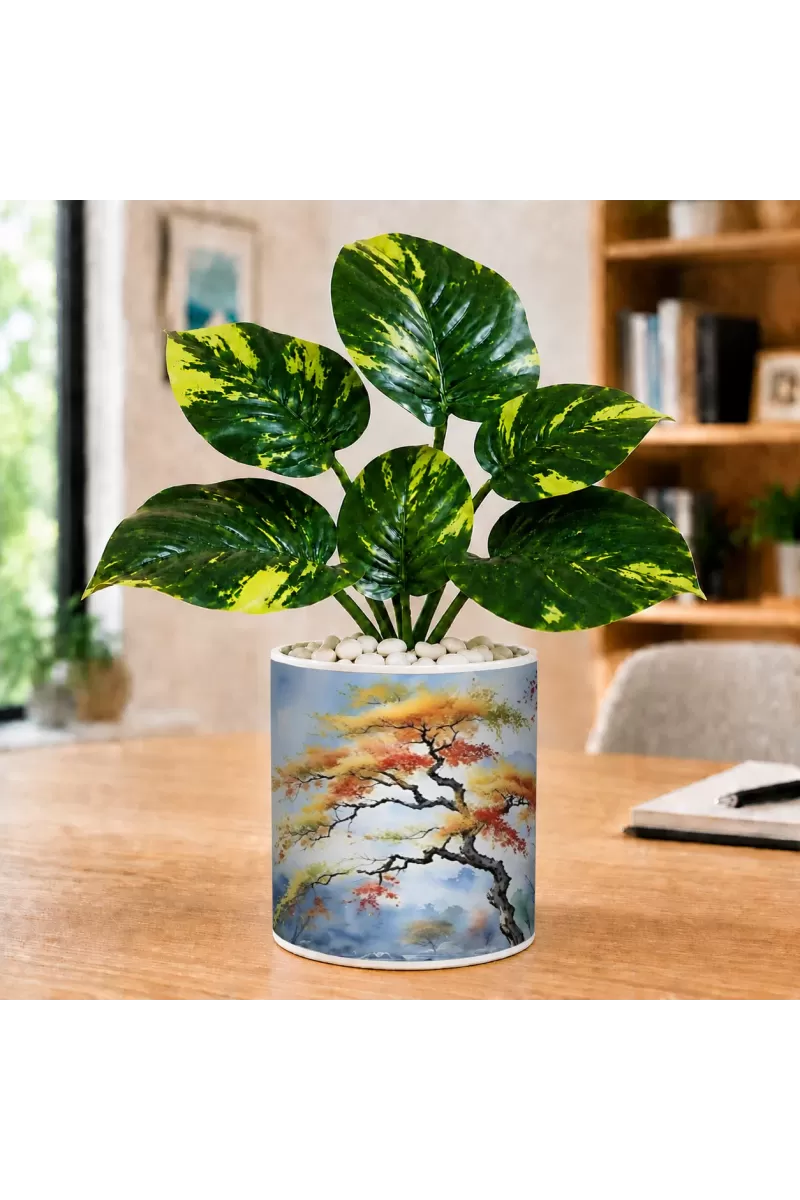Artificial Tree Ceramic Photo Pot With White Stones 3x4 Inch (F165305)