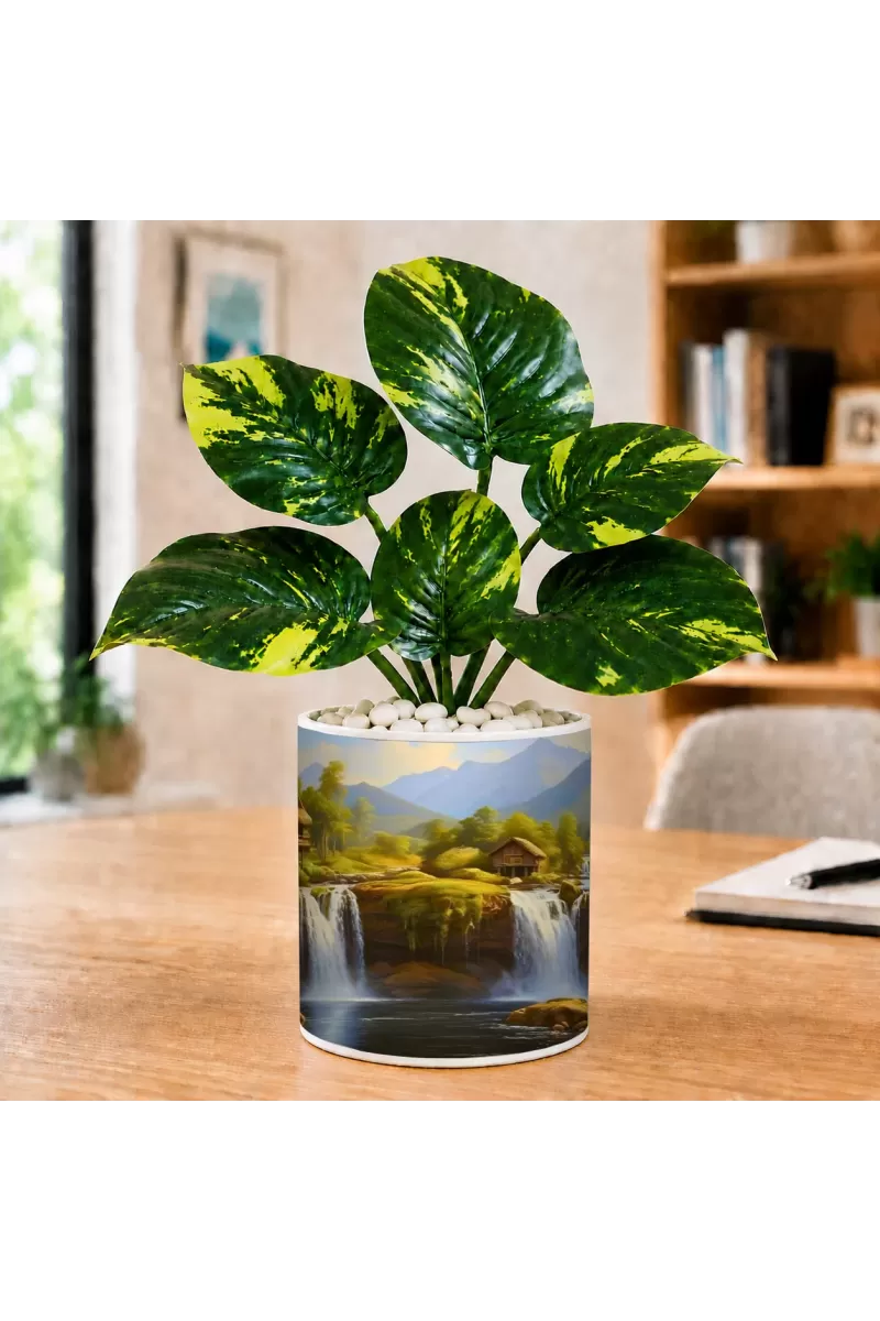 Artificial Tree Ceramic Photo Pot With White Stones 3x4 Inch (F165311)