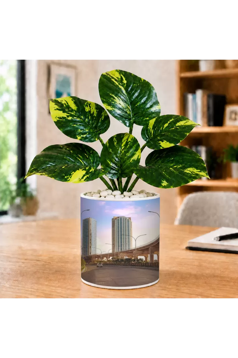Artificial Tree Ceramic Photo Pot With White Stones 3x4 Inch (F165315)