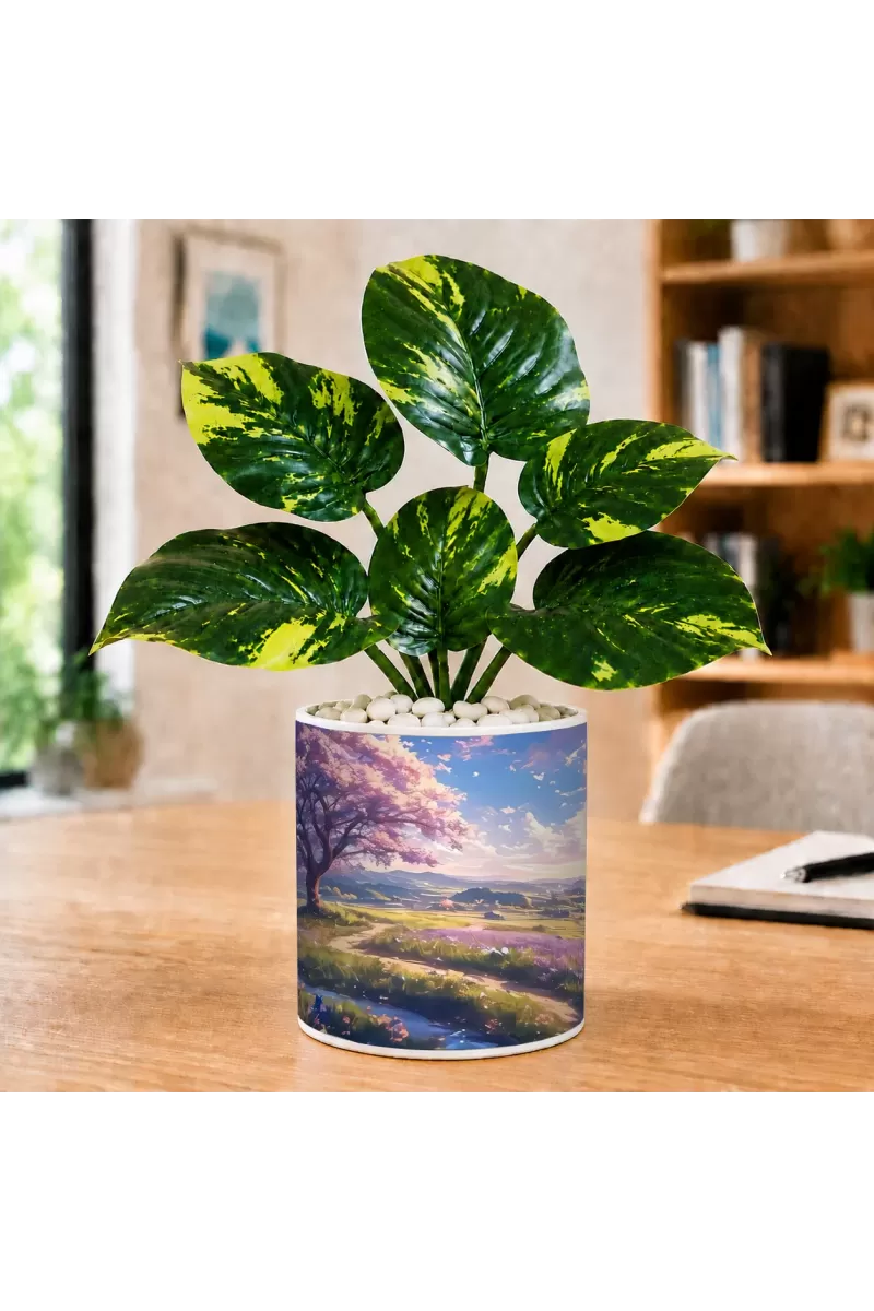 Artificial Tree Ceramic Photo Pot With White Stones 3x4 Inch (F165323)