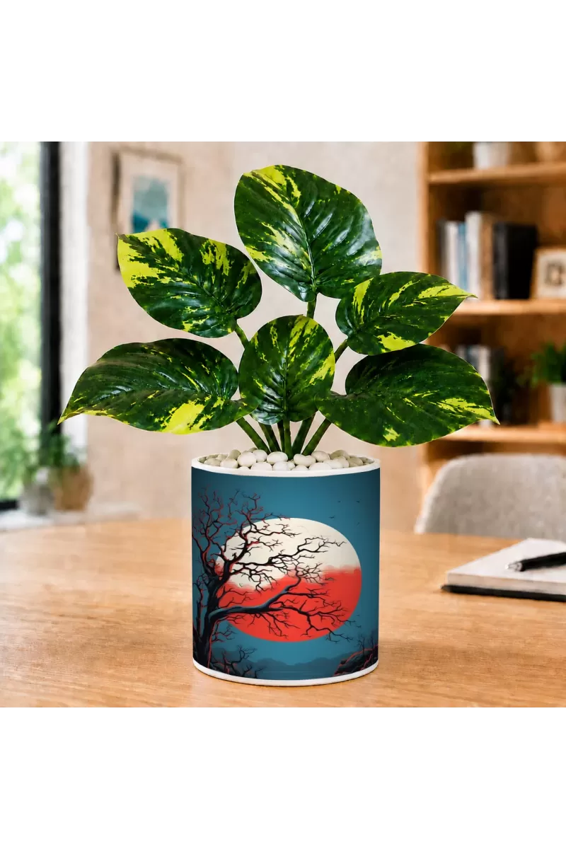Artificial Tree Ceramic Photo Pot With White Stones 3x4 Inch (F165325)