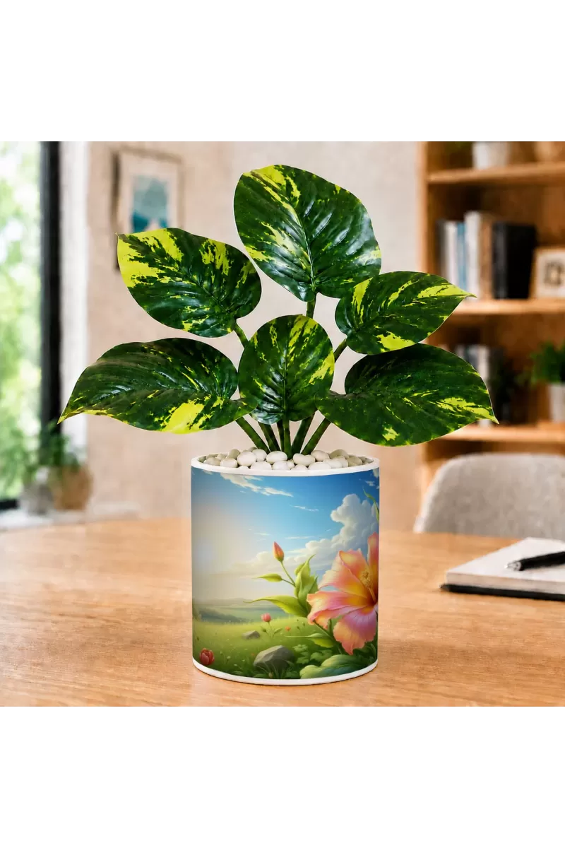Artificial Tree Ceramic Photo Pot With White Stones 3x4 Inch (F165327)