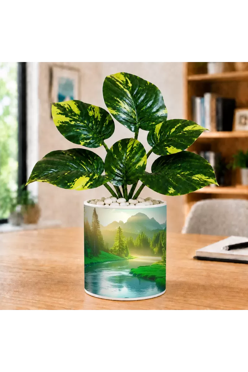 Artificial Tree Ceramic Photo Pot With White Stones 3x4 Inch (F165341)