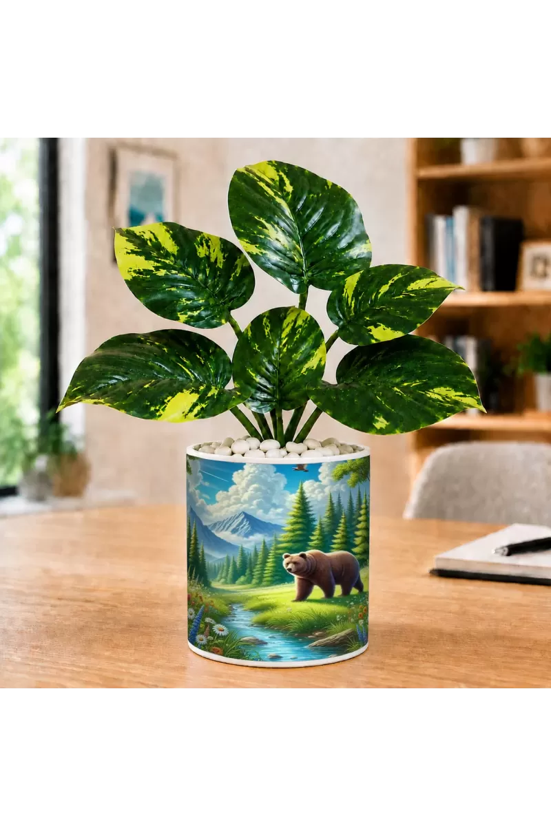 Artificial Tree Ceramic Photo Pot With White Stones 3x4 Inch (F165342)