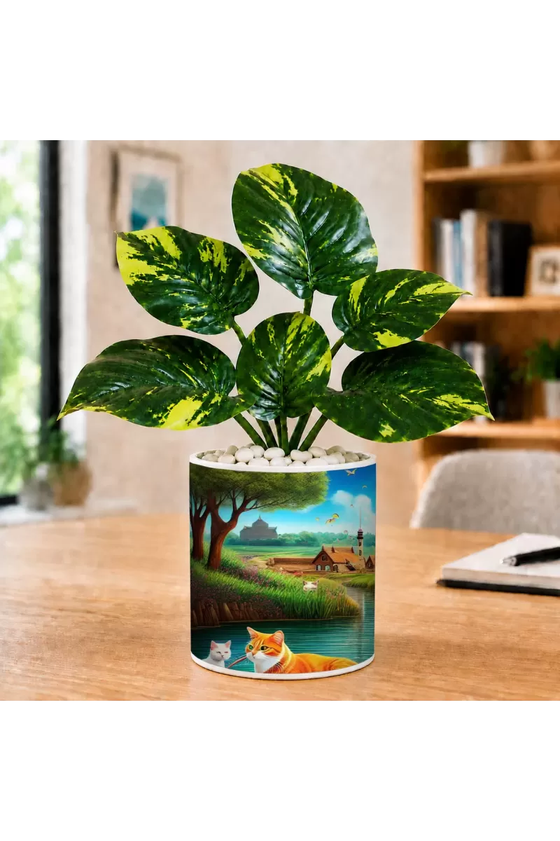 Artificial Tree Ceramic Photo Pot With White Stones 3x4 Inch (F165344)