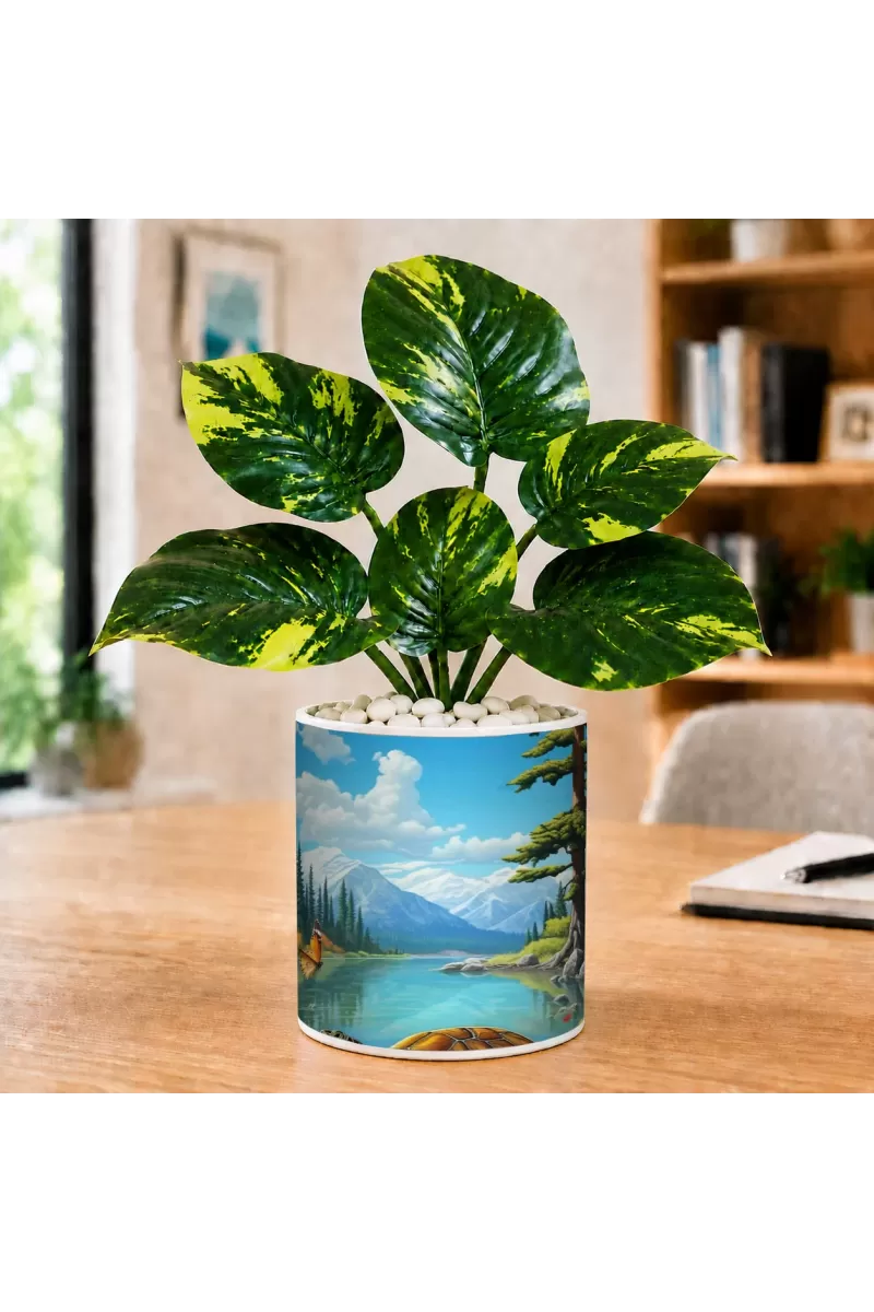 Artificial Tree Ceramic Photo Pot With White Stones 3x4 Inch (F165347)