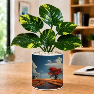 Artificial Tree Ceramic Photo Pot With White Stones 3x4 Inch (F165358)