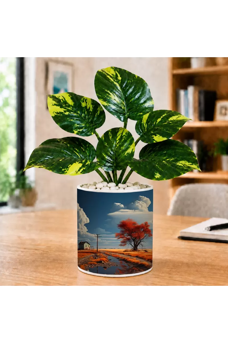 Artificial Tree Ceramic Photo Pot With White Stones 3x4 Inch (F165358)
