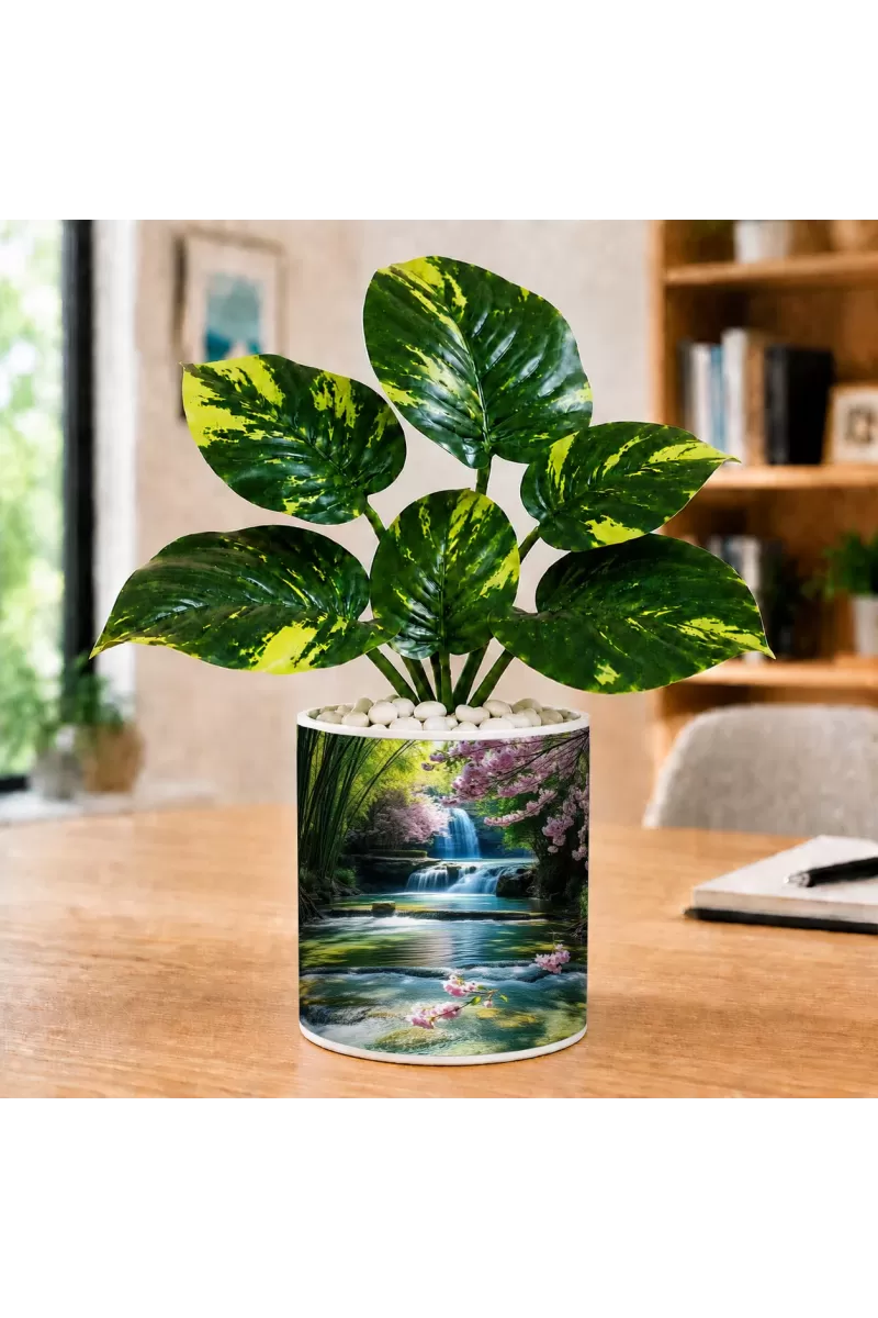 Artificial Tree Ceramic Photo Pot With White Stones 3x4 Inch (F165361)