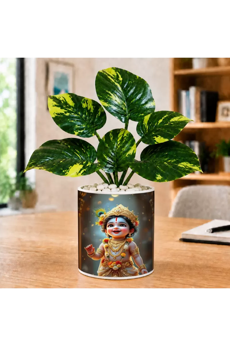 Artificial Tree Ceramic Photo Pot With White Stones 3x4 Inch (F165369)
