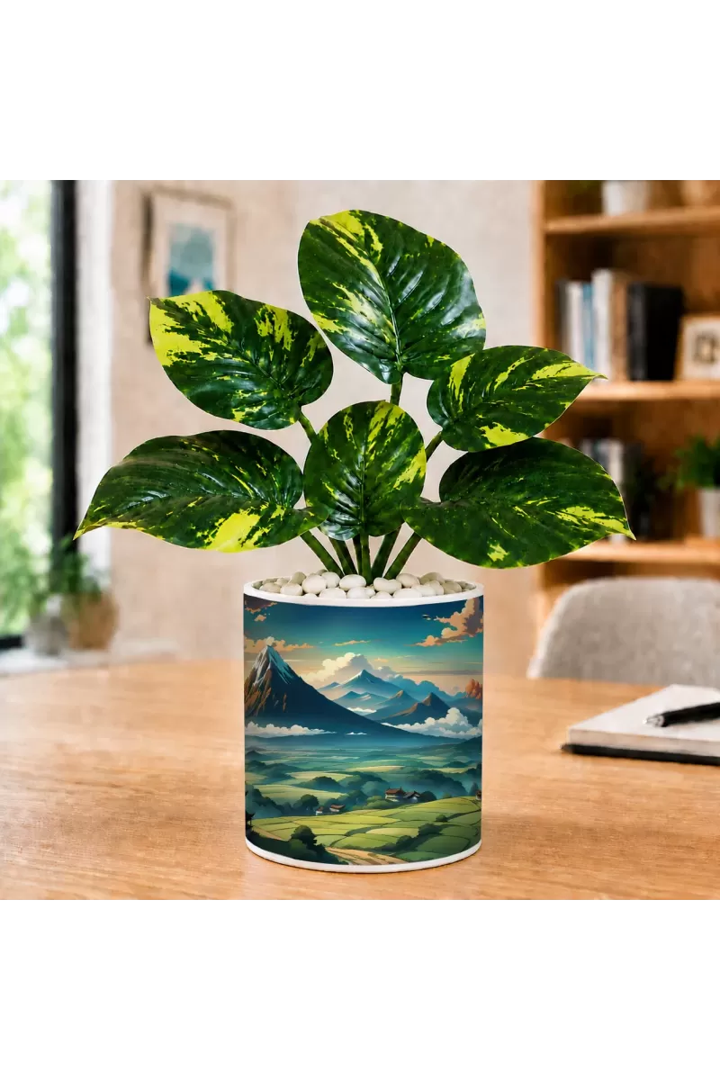 Artificial Tree Ceramic Photo Pot With White Stones 3x4 Inch (F165375)