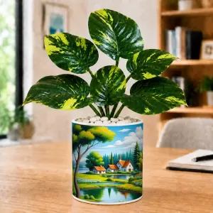 Artificial Tree Ceramic Photo Pot With White Stones 3x4 Inch (F165377)