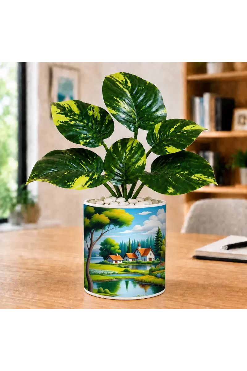 Artificial Tree Ceramic Photo Pot With White Stones 3x4 Inch (F165377)