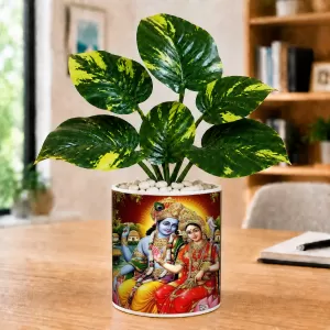 Artificial Tree Ceramic Photo Pot With White Stones 3x4 Inch (F165380)