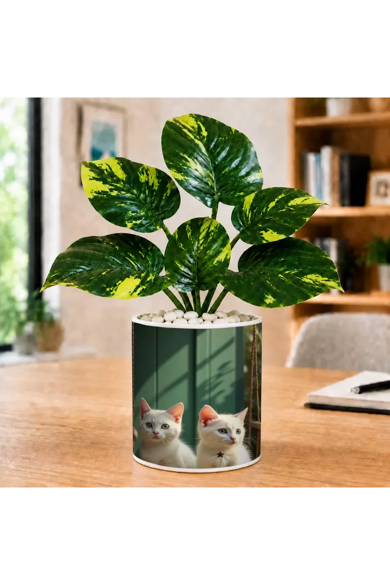 Artificial Tree Ceramic Photo Pot With White Stones 3x4 Inch (F165382)