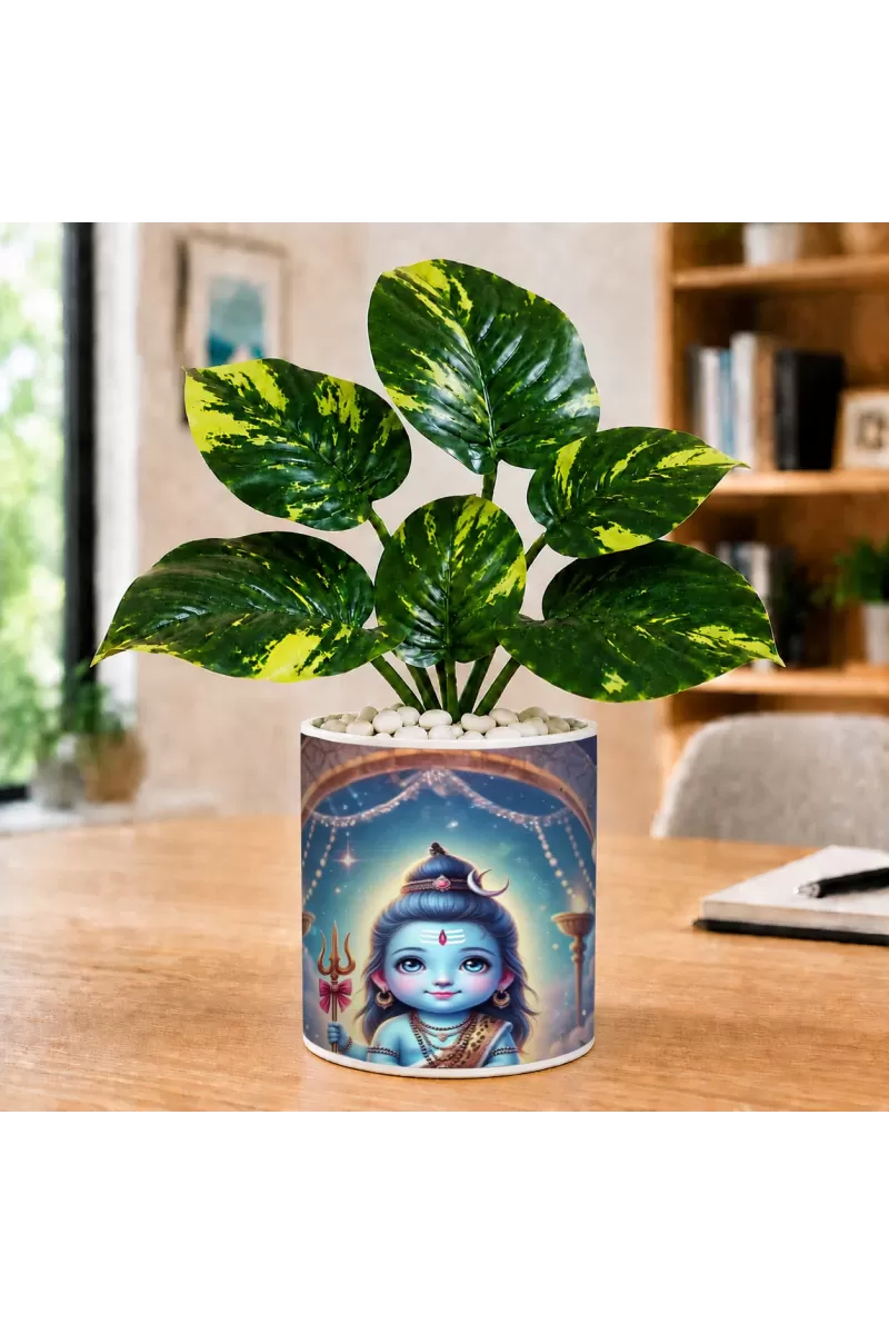 Artificial Tree Ceramic Photo Pot With White Stones 3x4 Inch (F165391)