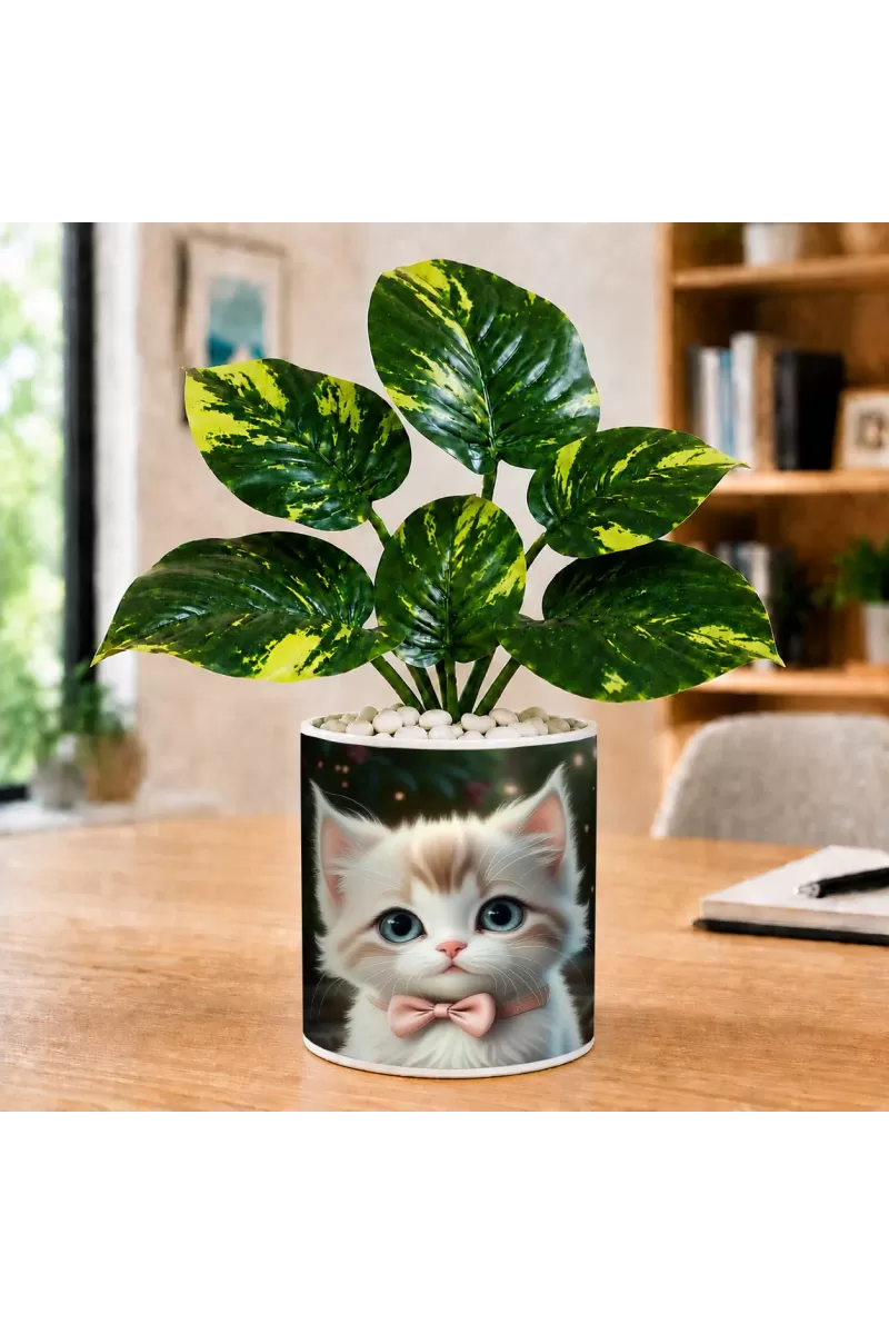 Artificial Tree Ceramic Photo Pot With White Stones 3x4 Inch (F165393)