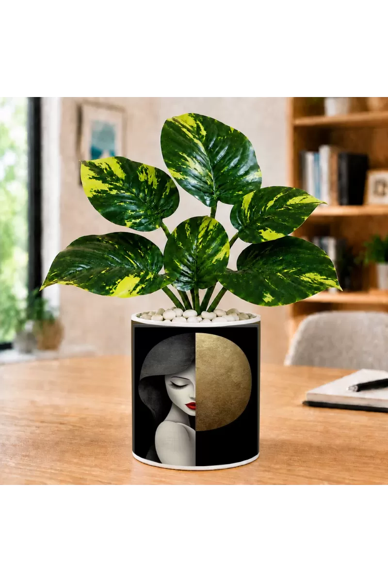Artificial Tree Ceramic Photo Pot With White Stones 3x4 Inch (F165402)