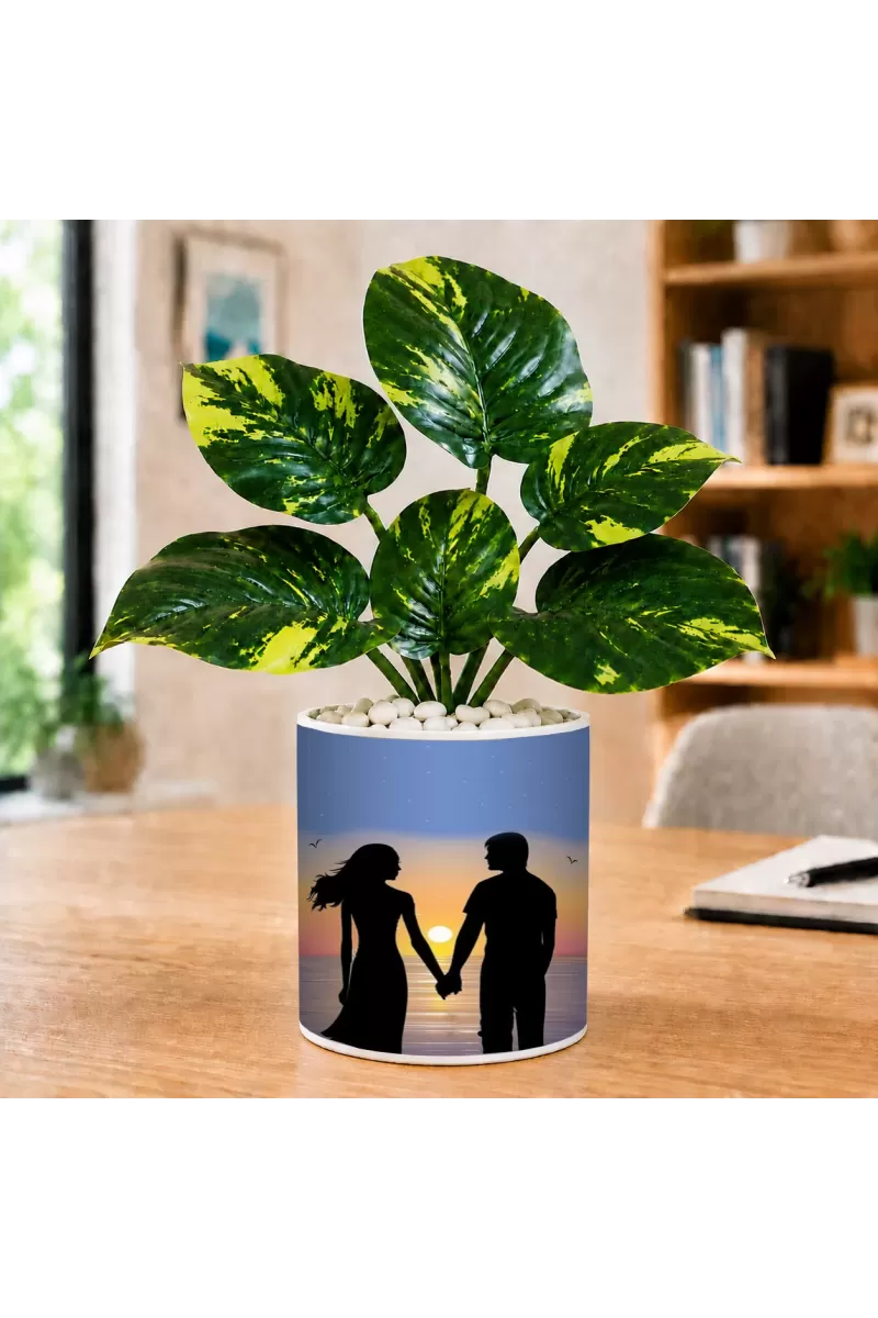 Artificial Tree Ceramic Photo Pot With White Stones 3x4 Inch (F165404)