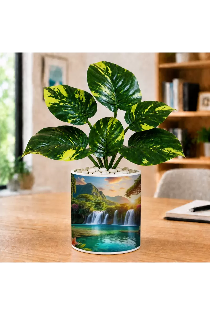 Artificial Tree Ceramic Photo Pot With White Stones 3x4 Inch (F165405)