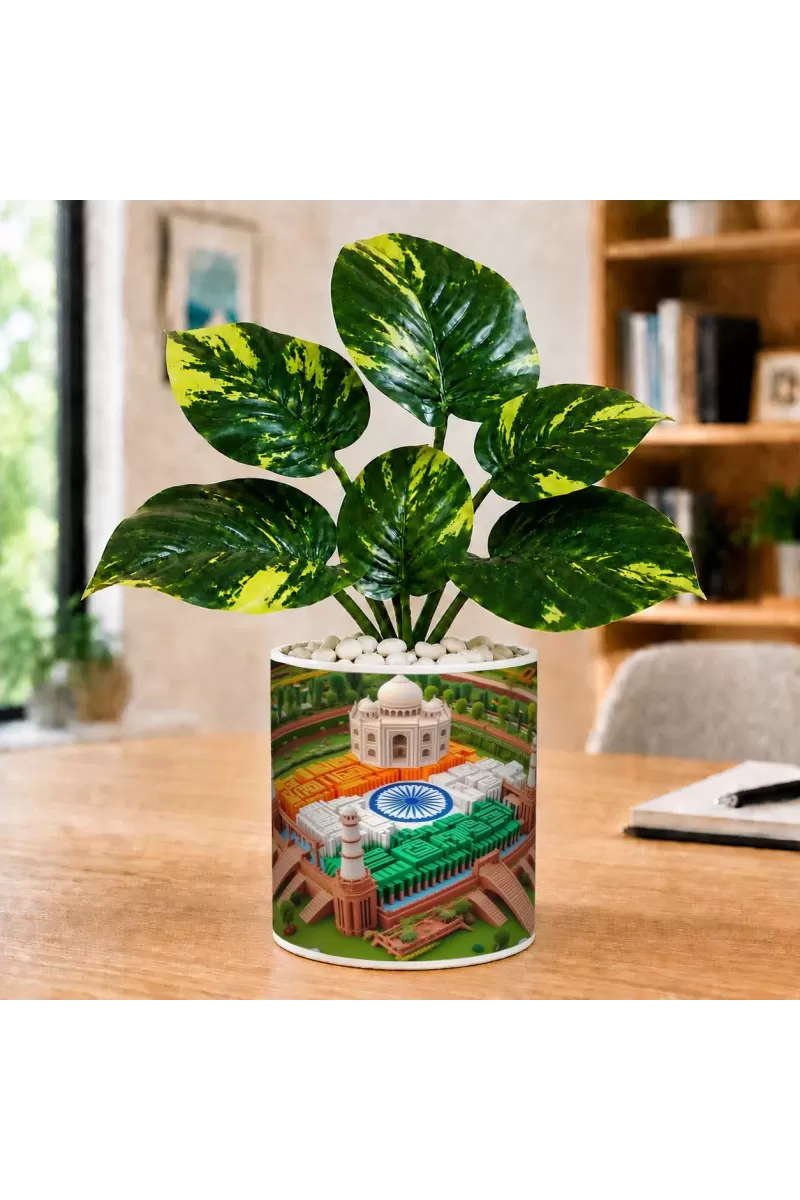 Artificial Tree Ceramic Photo Pot With White Stones 3x4 Inch (F165408)
