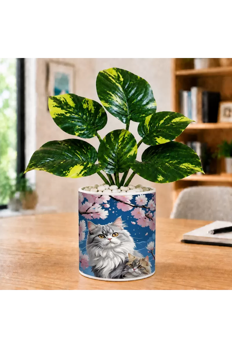 Artificial Tree Ceramic Photo Pot With White Stones 3x4 Inch (F165409)