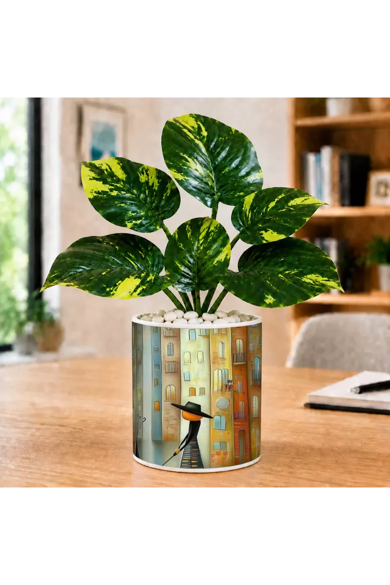 Artificial Tree Ceramic Photo Pot With White Stones 3x4 Inch (F165413)