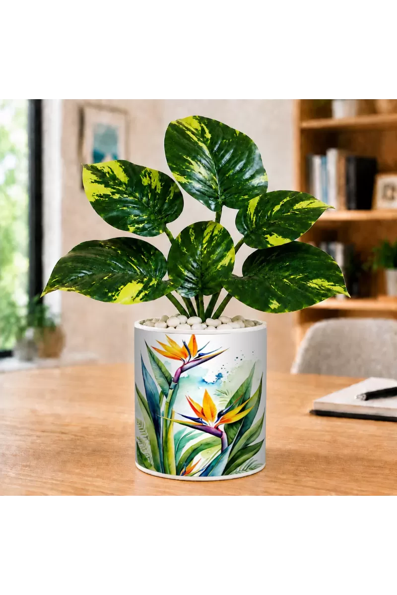 Artificial Tree Ceramic Photo Pot With White Stones 3x4 Inch (F165422)