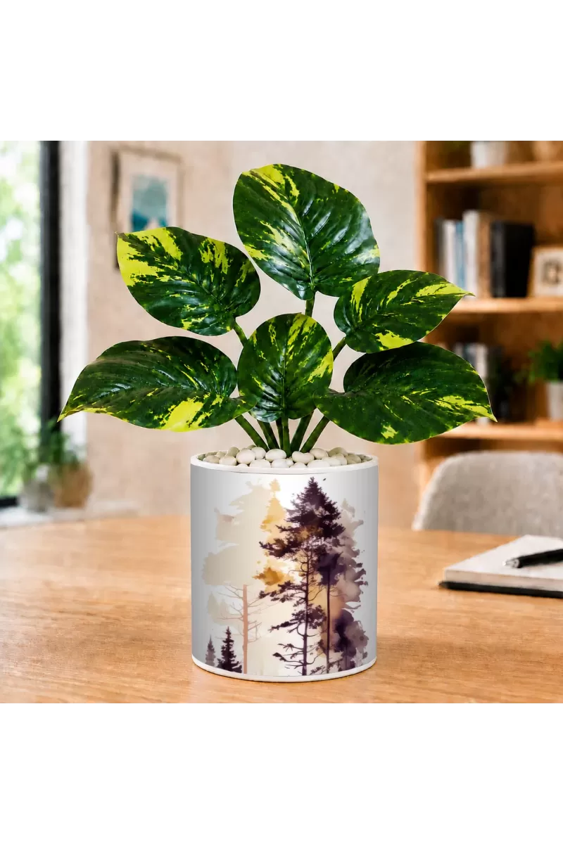 Artificial Tree Ceramic Photo Pot With White Stones 3x4 Inch (F165423)