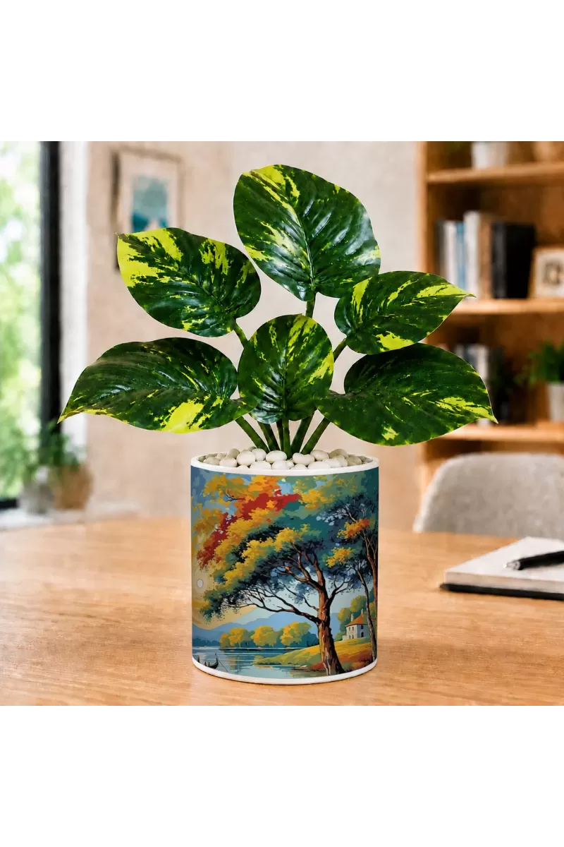 Artificial Tree Ceramic Photo Pot With White Stones 3x4 Inch (F165424)