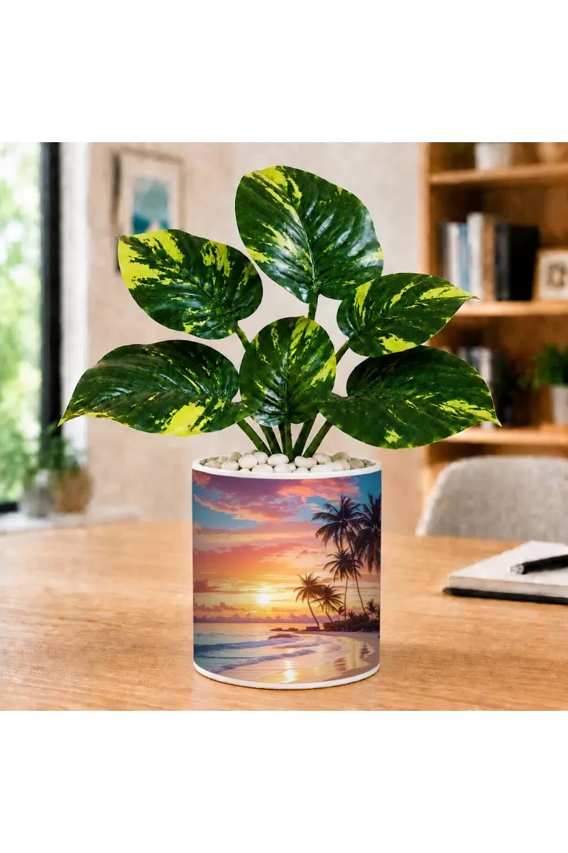 Artificial Tree Ceramic Photo Pot With White Stones 3x4 Inch (F165427)