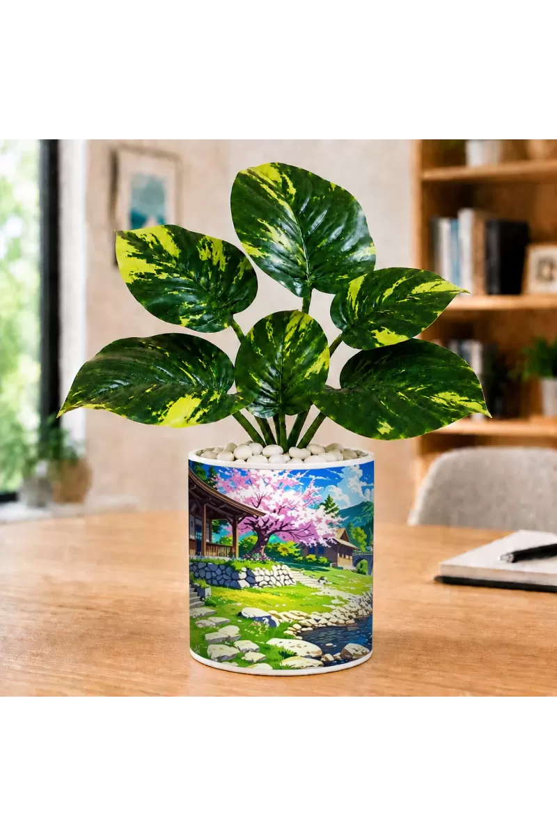Artificial Tree Ceramic Photo Pot With White Stones 3x4 Inch (F165430)