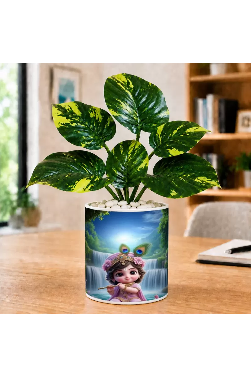 Artificial Tree Ceramic Photo Pot With White Stones 3x4 Inch (F165435)