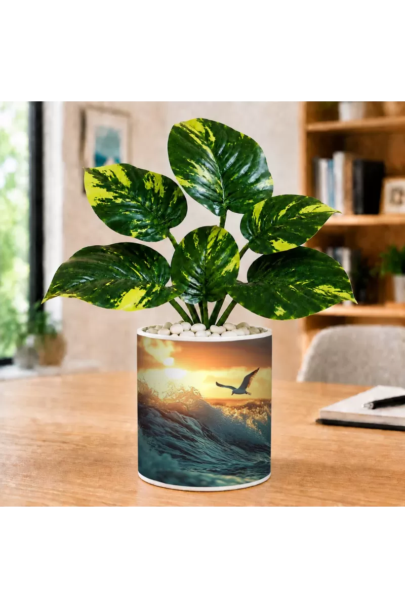 Artificial Tree Ceramic Photo Pot With White Stones 3x4 Inch (F165441)