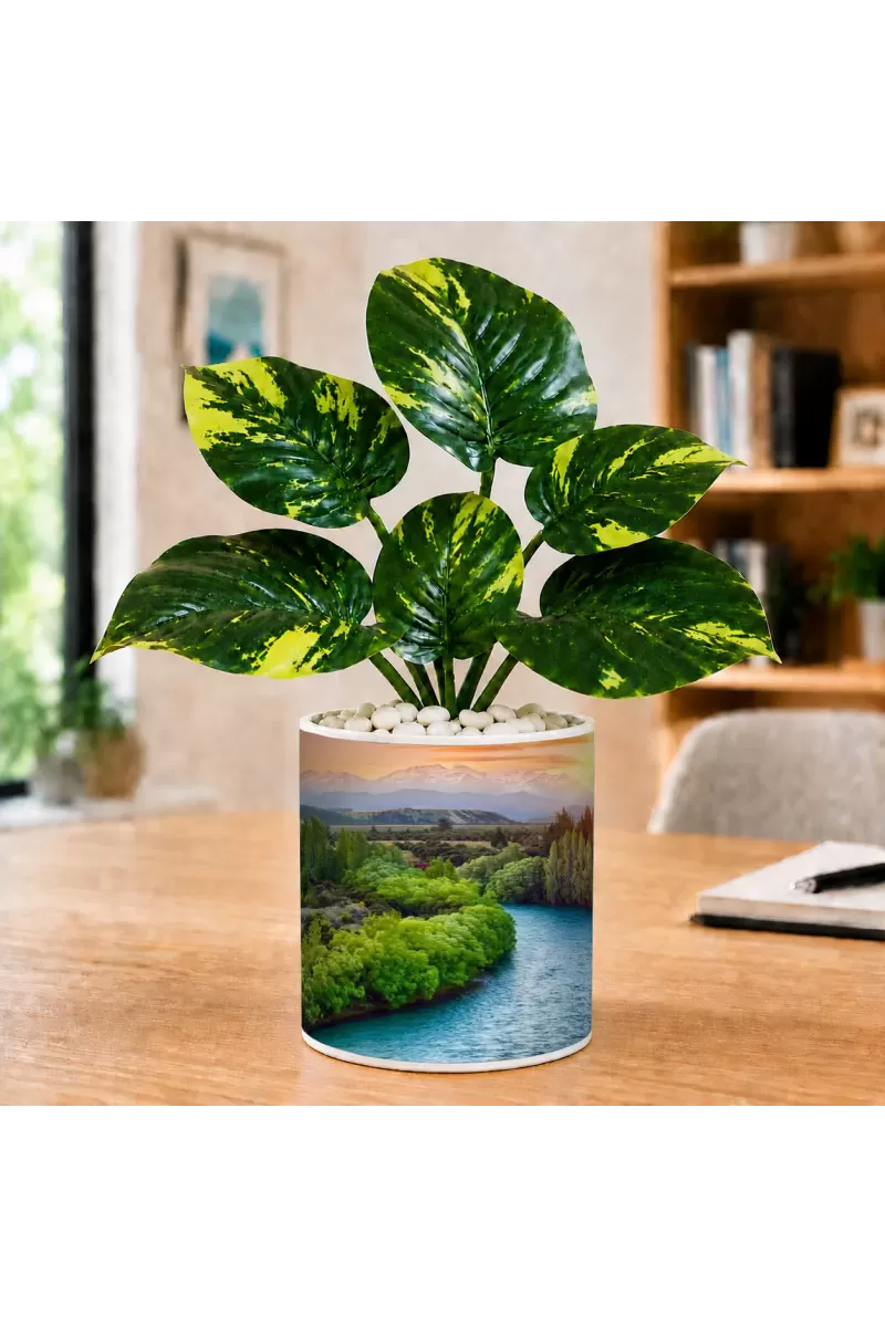 Artificial Tree Ceramic Photo Pot With White Stones 3x4 Inch (F165442)