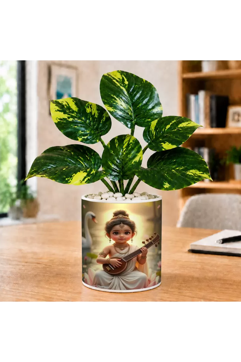 Artificial Tree Ceramic Photo Pot With White Stones 3x4 Inch (F165449)