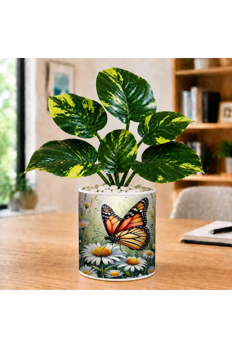 Artificial Tree Ceramic Photo Pot With White Stones 3x4 Inch (F165454)
