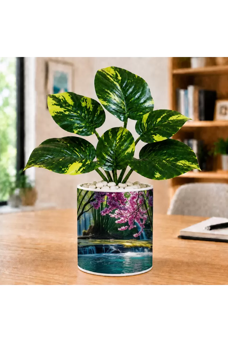 Artificial Tree Ceramic Photo Pot With White Stones 3x4 Inch (F165458)