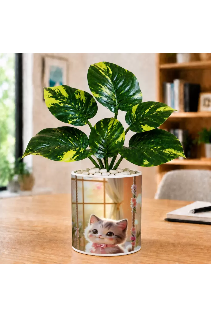 Artificial Tree Ceramic Photo Pot With White Stones 3x4 Inch (F165459)