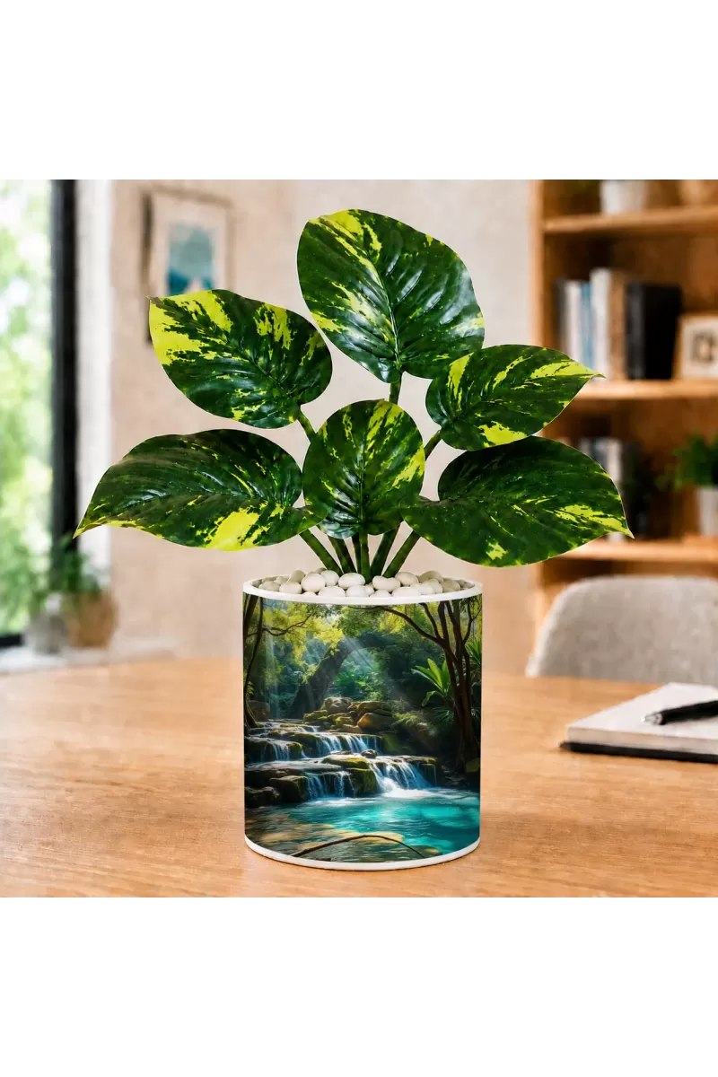 Artificial Tree Ceramic Photo Pot With White Stones 3x4 Inch (F165461)